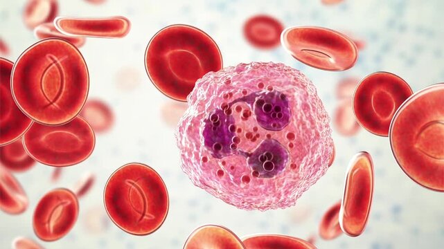 Neutrophil, 3D animation of a mature white blood cell circulating in blood among red blood cells as part of the innate immune response.
