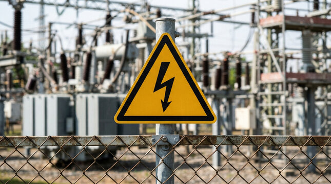 High voltage warning sign on fence at power substation
