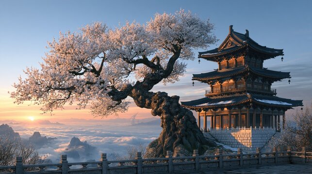 Growth of an ancient cherry blossom tree over a traditional pagoda at sunrise above the sea of clouds