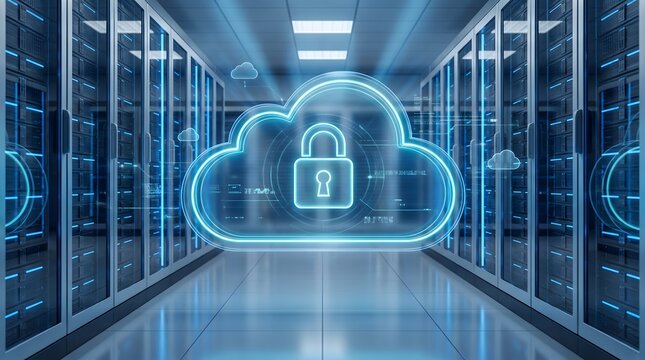 Secure cloud storage data center featuring glowing cryptographic padlock hologram and enterprise server infrastructure