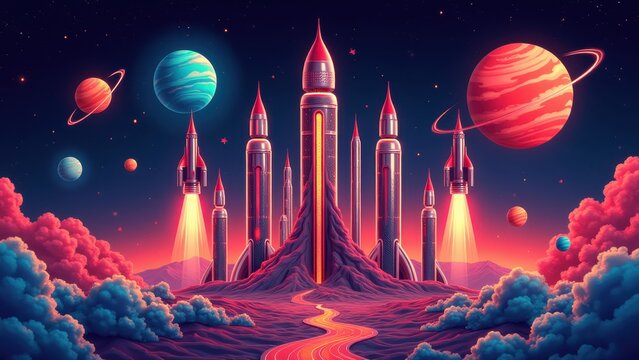 Rocket launching into space with planets and moon, colorful spaceship blasting off through clouds, concept of exploration, technology, education