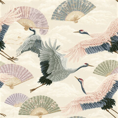 Fototapeta premium Flying crane bird with traditional Japanese fan seamless pattern, elegant vintage style with soft pastel colors and delicate