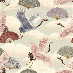 Fototapeta premium Japanese inspired seamless pattern with elegant flying crane bird and decorative fan, soft pastel colors and calm sky