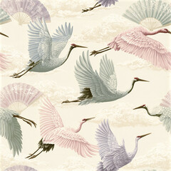Naklejka premium Flying crane bird pattern with pastel fans and soft clouds, creating elegant and serene Japanese inspired seamless design