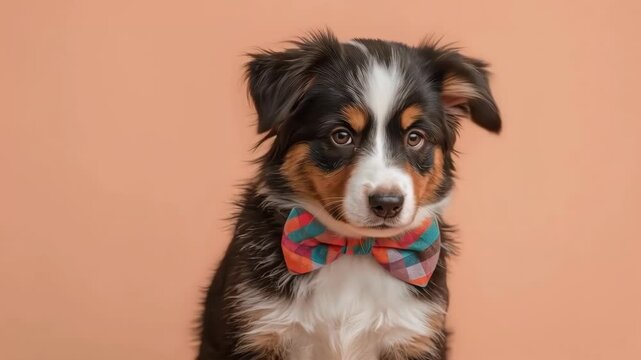 Australian Shepherd Puppy Dog Wearing Colorful Bow Tie Portrait on Peach Background