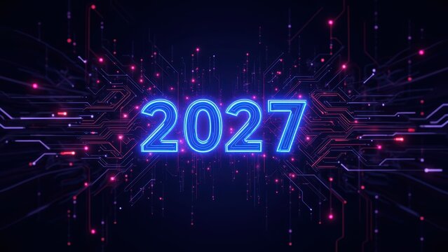 Neon 2027 numbers glowing on digital circuit board, futuristic technology sign with blue pink lights, concept of new year, technology, innovation