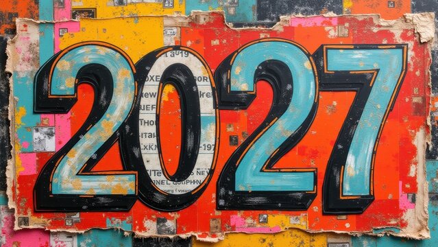 Collage cutout magazine style New Year poster with 2027 text, mixed media textures colorful eclectic trendy, bold layered composition stunning beautiful, collage art style