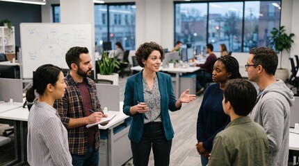 Obraz premium Diverse team collaborating in a modern office environment discussing ideas with a leader