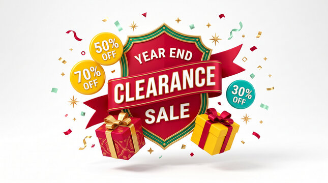 Year end clearance sale banner with discounts and gift boxes, symbolizing celebration and holiday shopping promotions