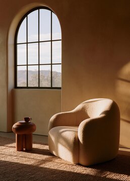 Corner of a room with a large arched window. the window is made of glass and has a view of the mountains and trees outside.