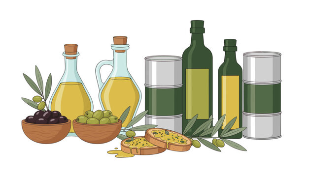 Assortment of olive oil bottles with bowls of black olives and slices of toasted bread arranged on a plain white surface for culinary display.