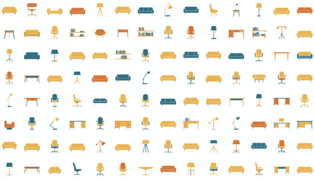 Large pattern featuring numerous isometric furniture icons including office chairs, sofas, floor lamps, wooden tables, and bookcases for interior design.