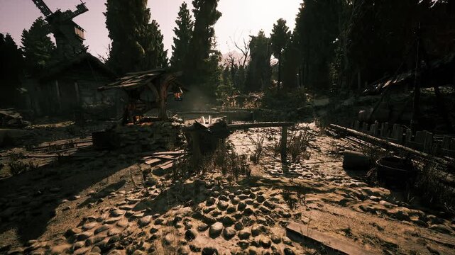 An eerie, deserted settlement features dilapidated buildings and scattered stone pathways, illuminated by the warm glow of the setting sun through dense trees.