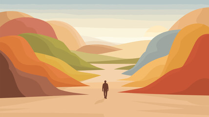 Fototapeta premium Person walks through a serene valley surrounded by softly colored rolling hills under a gentle sky
