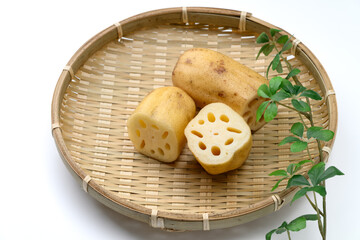 竹ざるに盛った新鮮なれんこんと断面 © Wakko