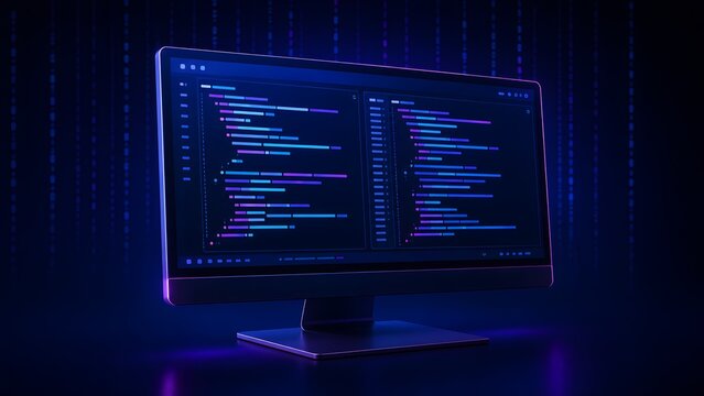 Glowing computer monitor displaying colorful programming code and software development scripts against a futuristic digital rain background in a dark workspace
