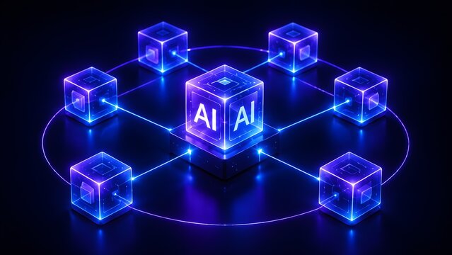 3D glowing artificial intelligence cube connected to digital network nodes representing machine learning and centralized data processing