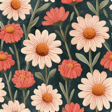 Seamless retro floral pattern featuring large blush pink daisies and coral flowers with green leaves on dark background