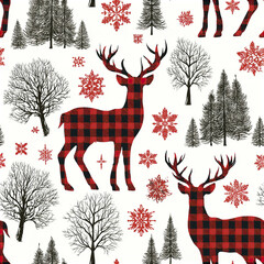 Obraz premium Plaid deer with antlers and black winter trees with red snowflakes create seamless rustic Christmas pattern full of cozy