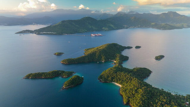 Aerial view of the tropical beach with clean water on the island of Ilha Grande in Brazil