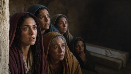 Naklejka premium Women in biblical clothes looking in shock inside empty tomb with linen cloths on burial bench. Discovery of resurrection of Jesus Christ. Easter story and gospel concept.