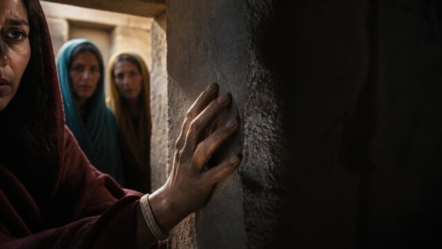Women touching stone at ancient tomb entrance. Biblical scene of empty grave discovery on Easter morning. Resurrection of Jesus Christ story. Faith hope and wonder concept.