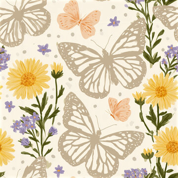Seamless spring pattern with large taupe butterfly silhouette, yellow daisy, and small purple flowers creating cheerful floral