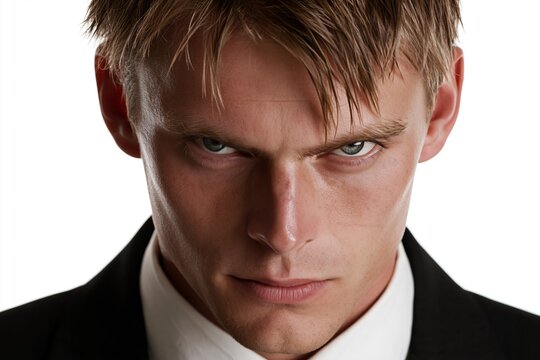 Close-up portrait of a serious young businessman with intense gaze wearing a black suit jacket