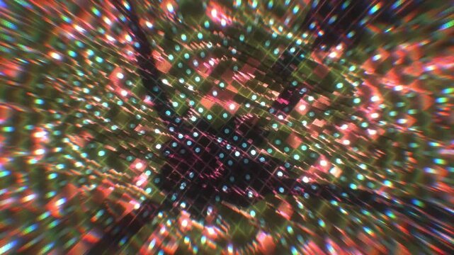 Quantum processor matrix refracts through a kaleidoscope lens in a vibrant 3D animation made for high performance computing and neural network openers