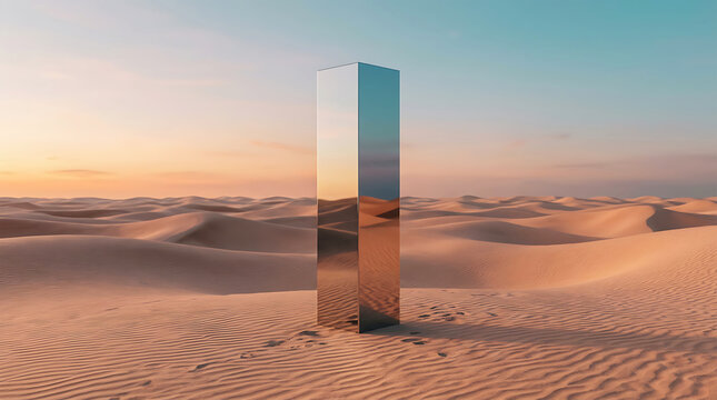 Metallic monolith standing alone in vast desert landscape sand