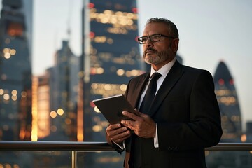 Fototapeta premium Mature businessman holding a tablet while standing on a terrace overlooking a city skyline