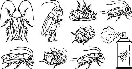 Obraz premium Black and white line art vector icon set of cockroaches chemical bug spray aerosol can dead insects and cartoon pests