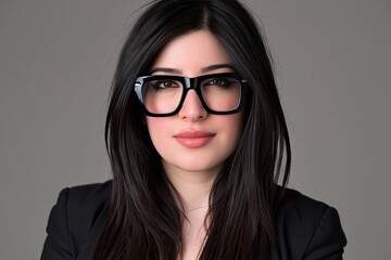 Fototapeta premium Portrait of a confident young woman with dark hair wearing black glasses and a blazer in studio