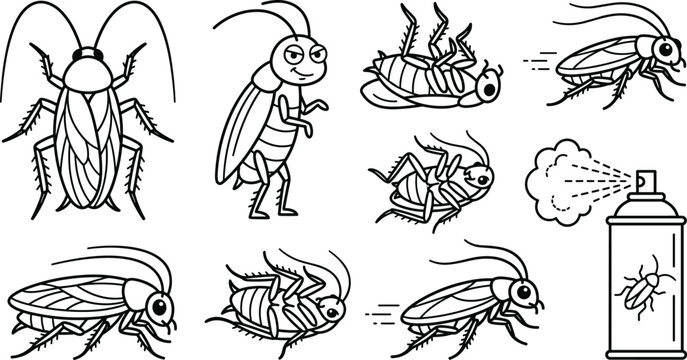 Black and white line art vector icon set of cockroaches chemical bug spray aerosol can dead insects and cartoon pests