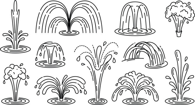 Black and white line art vector icon set of various water fountains water splashes and spraying streams isolated on white background