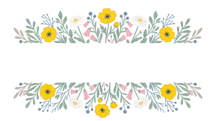 Fototapeta premium Vibrant floral border frame featuring yellow buttercups and delicate wildflowers drawn in clean flat style