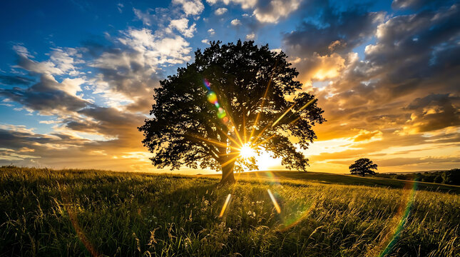 Lone oak tree silhouette sunset sun rays lens flare green field
