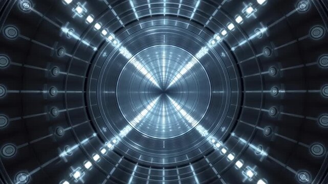 Futuristic Glowing Tunnel with Circular Metallic Blue Light Patterns and Dramatic Depth Motion