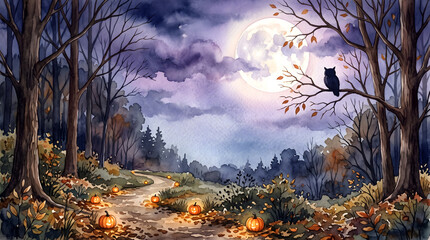 Naklejka premium Hand painted watercolor background of halloween forest path with owl silhouette and glowing lanterns with copy space