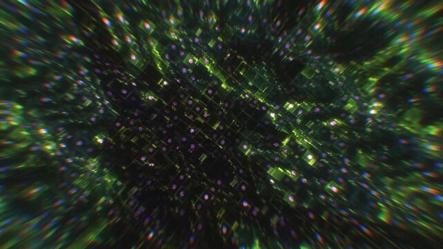 Optical neural network paths shimmer through a glass prism matrix in a 3D animation created for supercomputer and advanced machine learning sequences