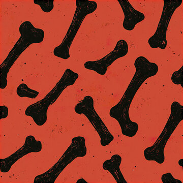 Black bone seamless pattern on red background with grunge texture, spooky and eerie design for Halloween or horror themes