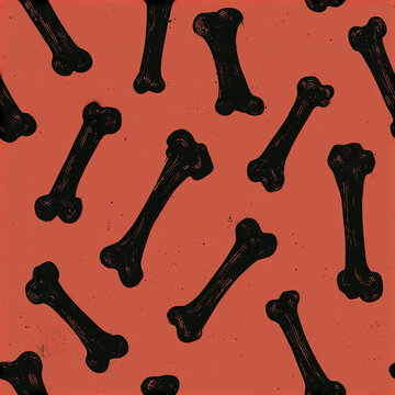 Simple black bone seamless pattern with all over arrangement on dark orange background creating spooky effect