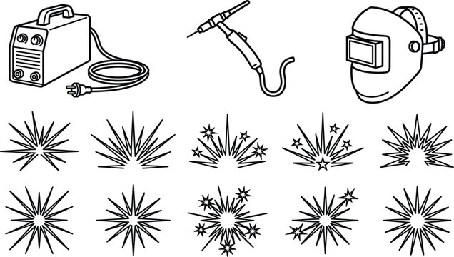 Black and white line art vector icon set of welding machine torch protective mask helmet and sparkling light burst sparks