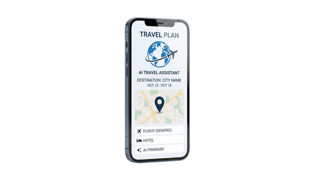 AI travel assistant mobile app interface, smartphone displaying digital travel plan and map, modern flight and hotel booking technology