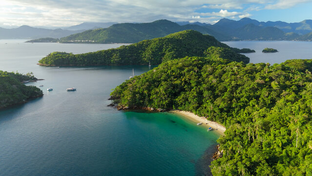 Aerial view of the tropical beach with clean water on the island of Ilha Grande in Brazil