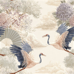 Fototapeta premium Soft vintage style seamless pattern with flying crane bird and blooming flowers creating calm and elegant atmosphere