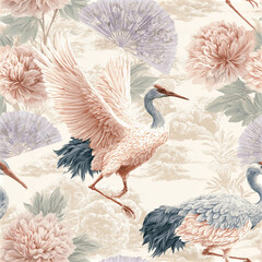 Naklejka premium Soft crane bird with floral and fan pattern in pastel colors creating elegant vintage style