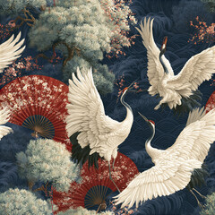 Fototapeta premium Elegant white crane birds flying with traditional red fans and pine trees in sophisticated Asian botanical seamless pattern