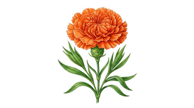 Bright orange carnation flower with green leaves
