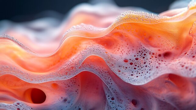 Macro view of organic fluid waves with bubble textures in warm orange and pink tones